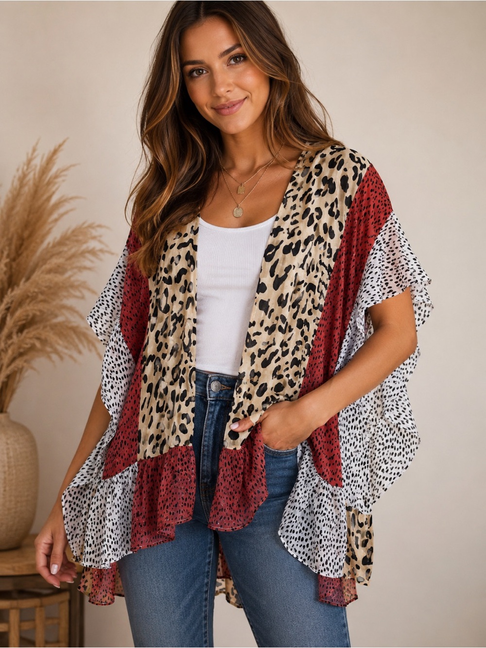 JC Fashion multi leopard Animal Print Ruffle Tunic in Beige, Black & Rust size M
